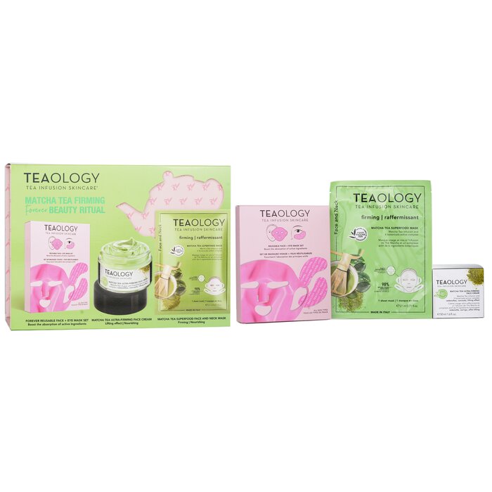 Teaology Matcha Tea Firming Forever Beauty Ritual Set: Firming Cream 50ml+ Matcha Mask+ Reusable Face+Eye Mask Set 3pcs